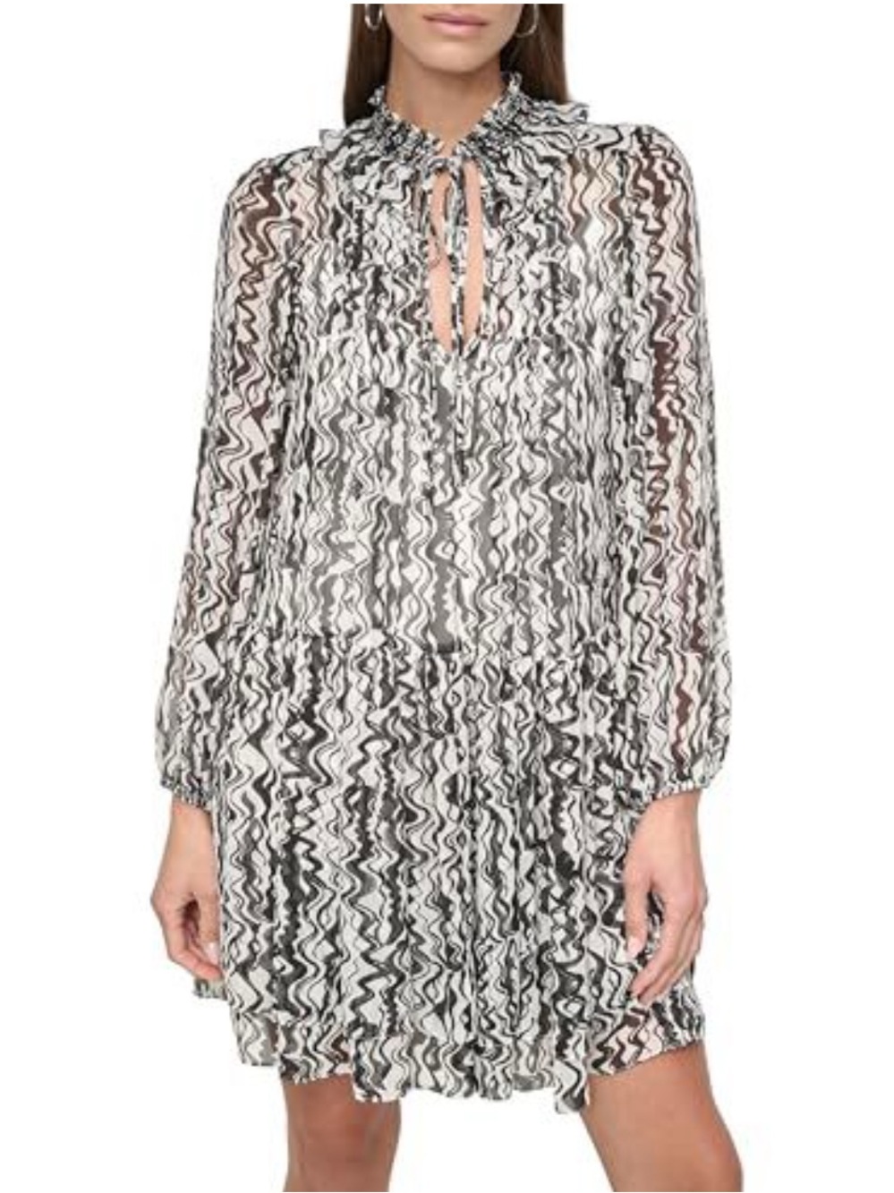 DKNY Printed Long-Sleeve Ruffle Neck Mini Dress - Black & White